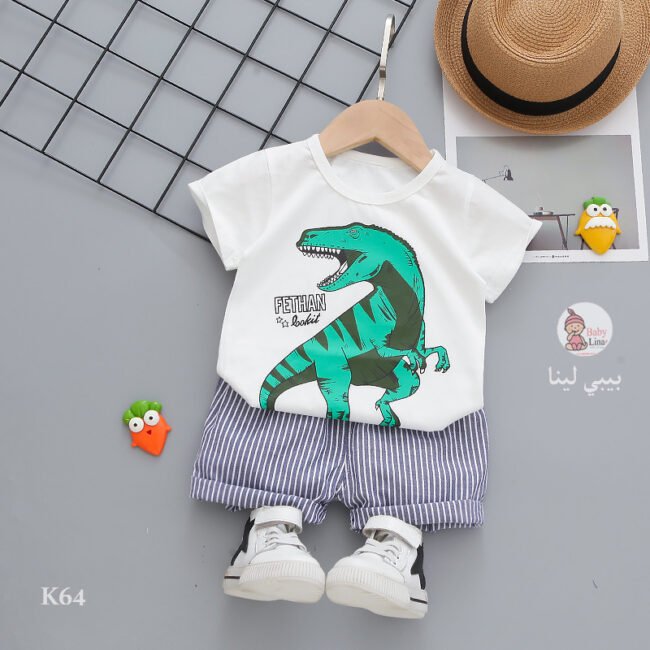 طقم اطفال ديناصور لون ابيض تيشرت وشورت صيفي, 2025 Baby Lina K64 baby clothes