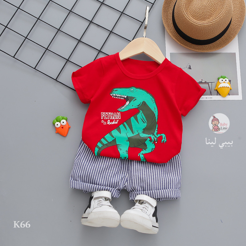 طقم اطفال ديناصور لون احمر 2025 تيشرت وشورت صيفي مستورد لينا شوب Baby Lina K66 baby clothes