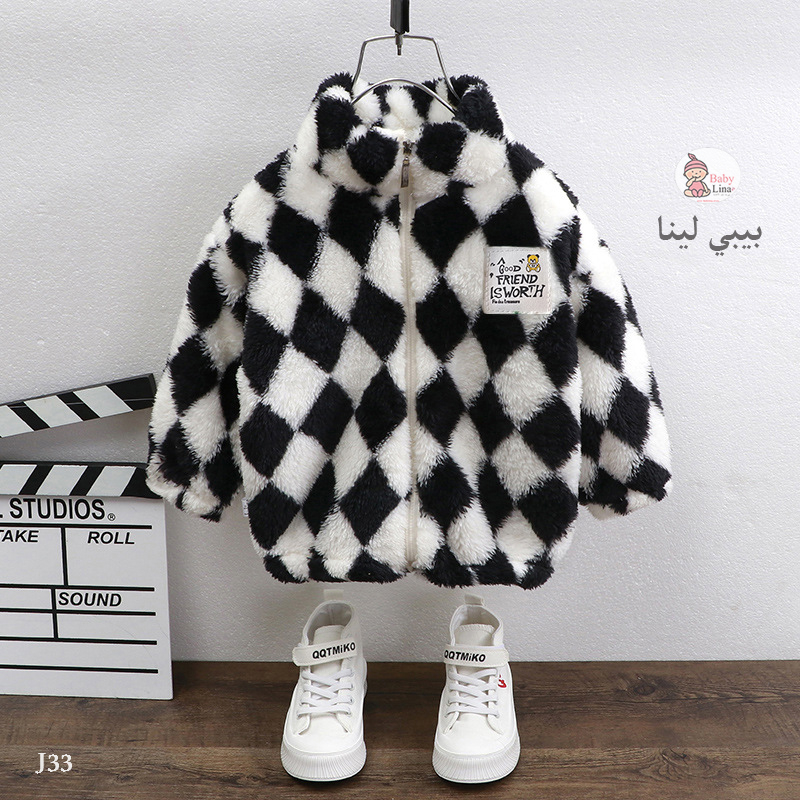 جاكيت اطفال فرو شتوي مستورد لون اسود موضة 2025 ولادي بناتي جواكيت اطفال kids jacket J33